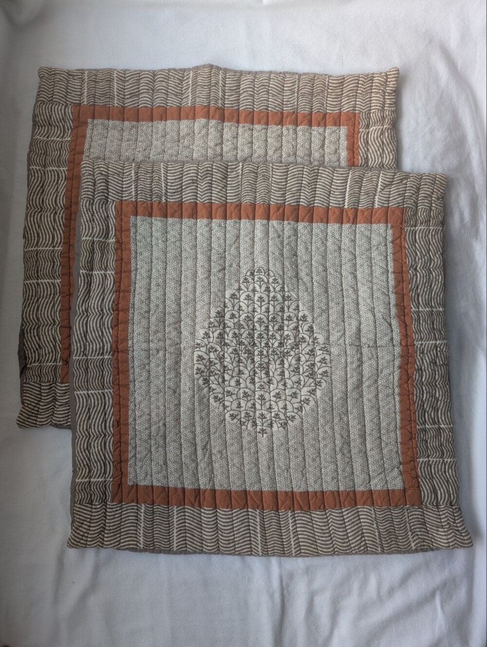 Crate& Barrel Jaipur Quilted Beige Brown Rust Square Euro Sham Pillow Covers - 2